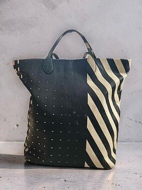 Rare BALLY x Art Basel Leather Tote -  stripped two tone - black interior